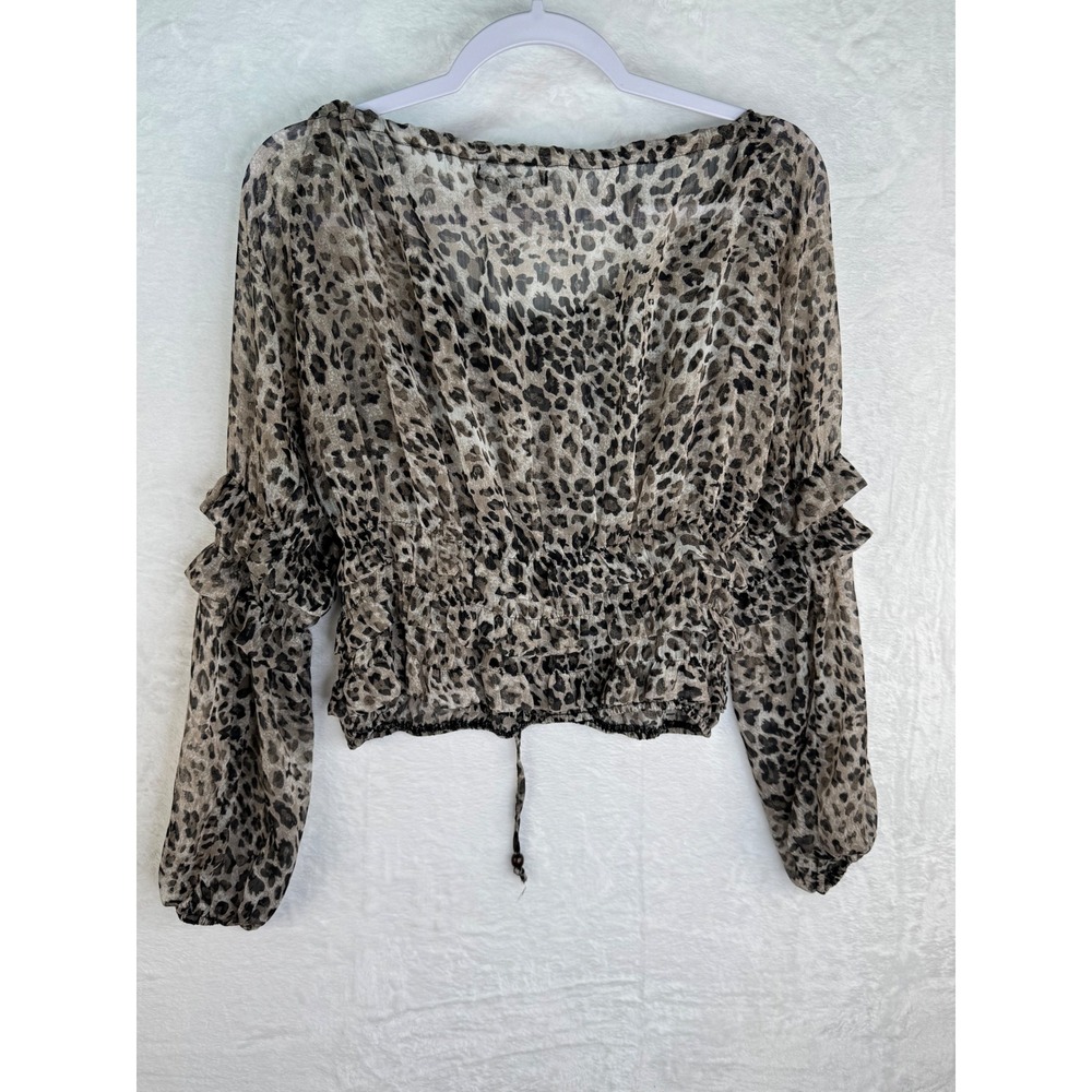 King & Girls Leopard Print Smocked Waist Ruffle Sleeve Sheer Blouse Medium - Picture 5 of 8